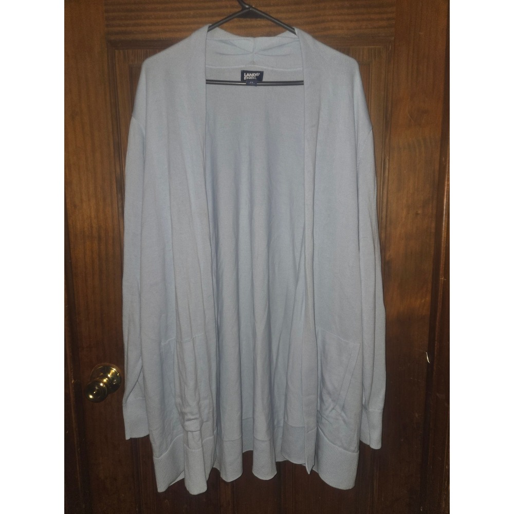 Lands End Womens 3X Light Blue 100% Cotton Open Front Cardigan Sweater Pockets